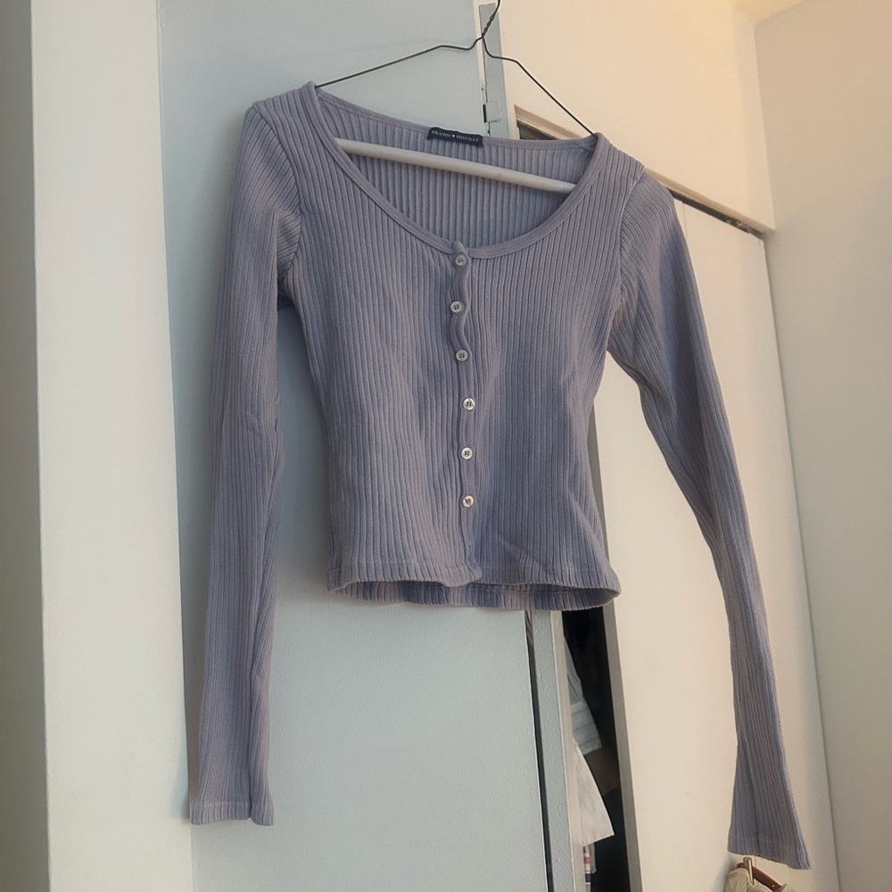 Brandy Melville Women's Ribbed Lavender Button-Up Top- One Size